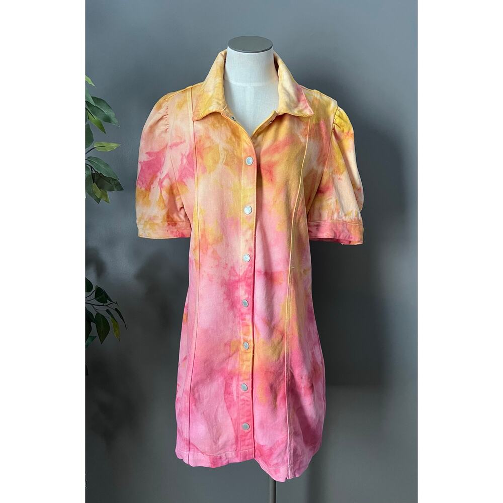 Blank NYC Boho Fairy Sunset Tie Dye Puff Sleeve Button Up Denim Dress Sz L